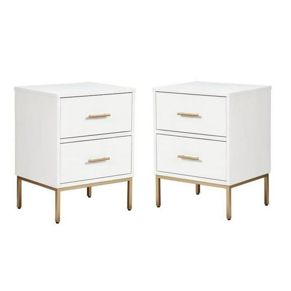 Home Square Two Drawer Wood Nightstand Set in White (Set of 2)