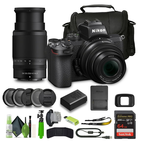 Nikon Z50 Mirrorless Camera 20.9MP with 16-50mm and 50-250mm Lenses 4K Video Bundle 64GB Card Bag Tripod (International Model)