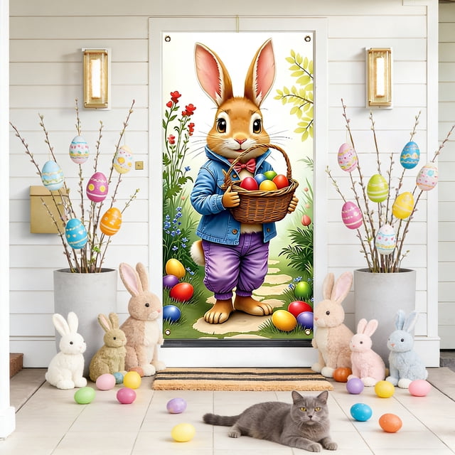 Easter Door Curtain Decorations, Spring Holiday Door Cover, Bunny Rabbit Party Door Hanging, Festive Easter Decor for Home Classroom Office, Polyester Door Banner with Colorful Easter Egg Design