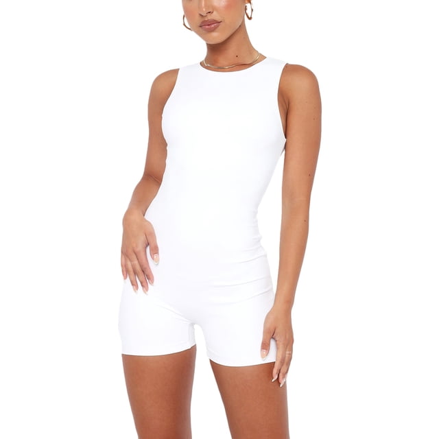 xiaxaixu Justaucorps pour Femmes Été Court Moulant Combinaison Couleur Unie Sans Manches Col Rond Justaucorps Ajusté