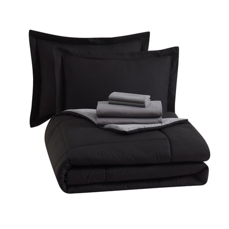 MAINSTAYS ALL IN ONE REVERSIBLE COMFORTER AND SHEET SET- 7 PIECE, FULL, BLACK