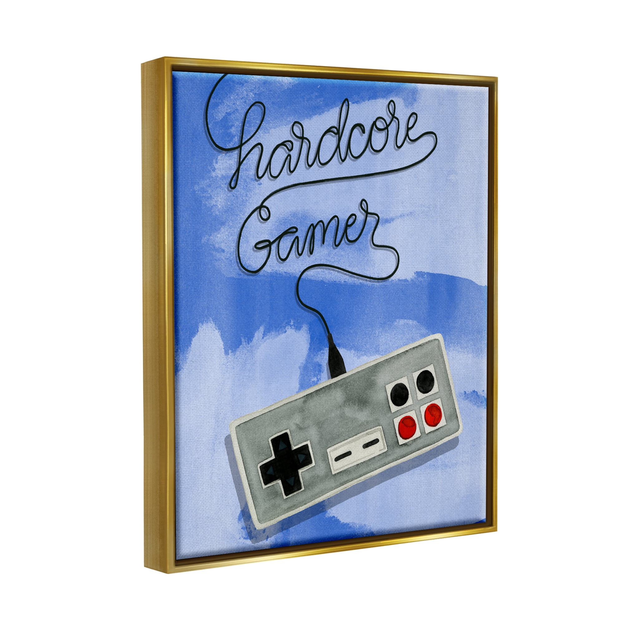 Stupell Industries Hardcore Gamer Blue Controller Art for Kids Painting Gold Floater Framed Art Print Wall Art