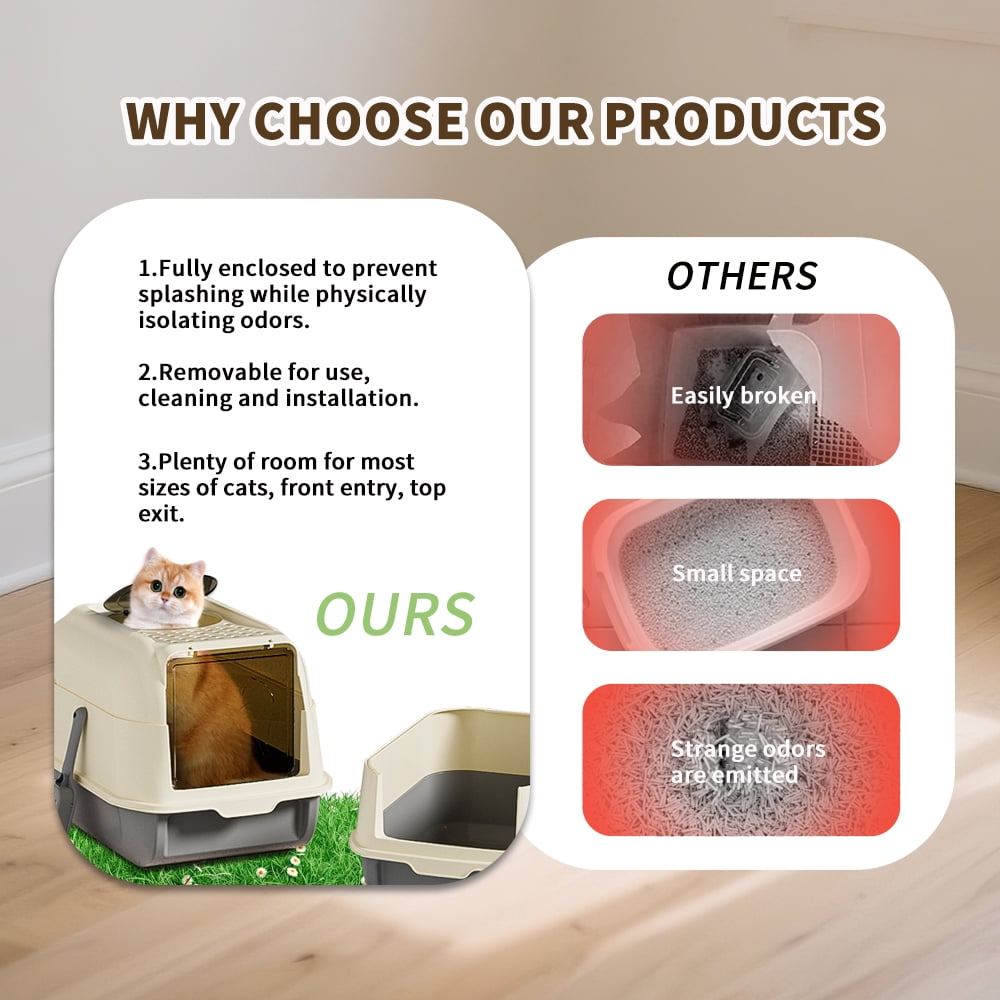 Fully Enclosed Cat Litter Box - Spacious Interior, Easy-Clean Removable Design (w/ Litter Scoop)