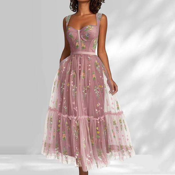 WILLBEST Vestidos de Mujer Vestidos de Fiesta con Bordado de Flores para Mujer Vestidos de Fiesta de Noche Formales de Hada de Corte A con Corsé Hasta La Rodilla Grande