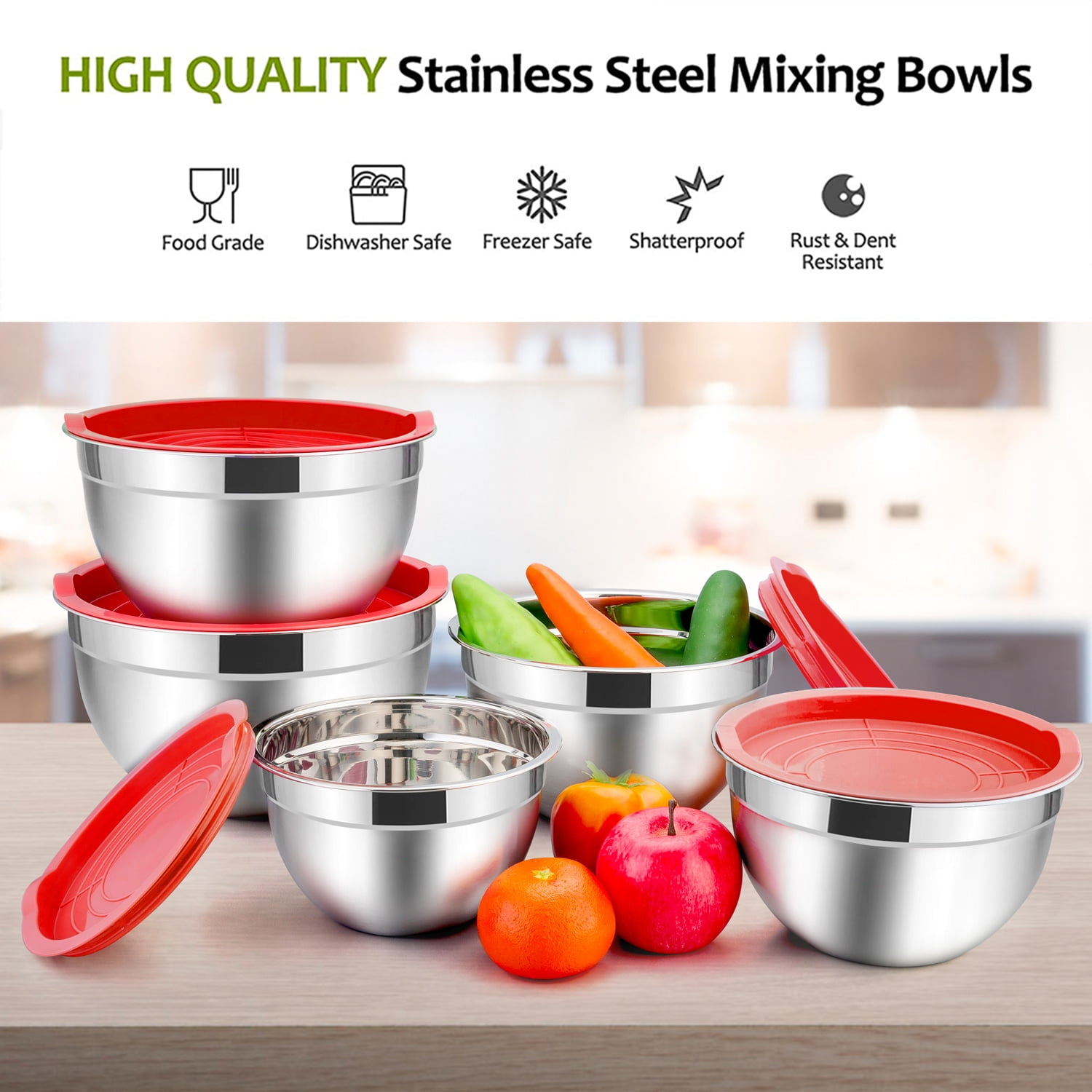 TeamFar Mixing Bowls with Lids Set, 1.5 / 2.5 / 3 / 5 / 8 QT, Stainless  Steel Large Metal Nesting Salad Bowl Set of 5, Healthy & Sturdy, Non-slip  Bottom 