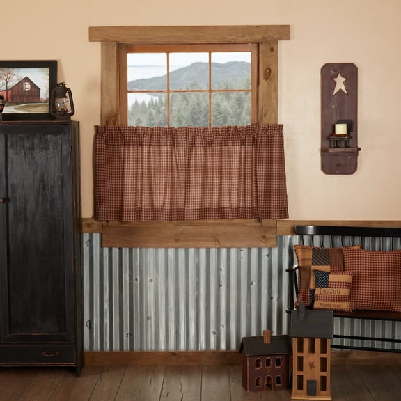 VHC Brands Patriotic Patch Kitchen Window Curtains, Plaid Tier Set of 2 , Red, L24xW36