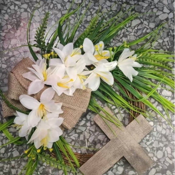 Easter Wreath with Cross Garland,16" Spring Door Decor,Handmade Rustic Easter Wreath for Front Door,Religious Holiday Home Decoration for Easter,Lent,Family Celebrations,Easter He He Is Risen Wreath