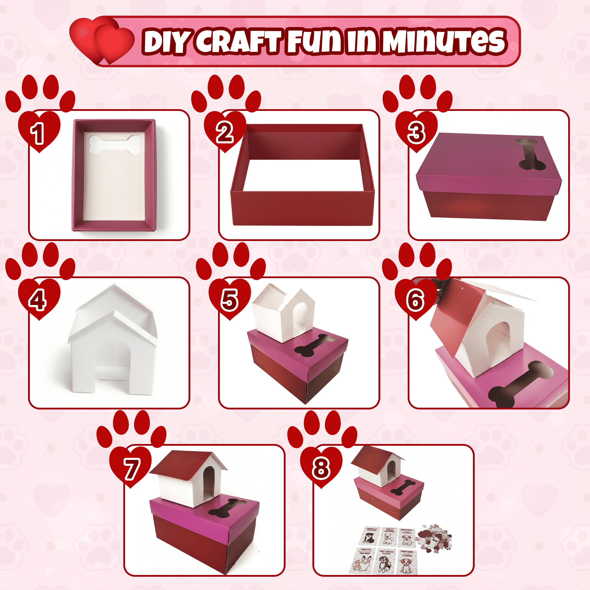 4E's Novelty 32-Piece Valentines Day Box and Cards for Kids, DIY Puppy Mailbox Craft Kit, Classroom Exchange, Includes Teacher Card and Heart Decorations