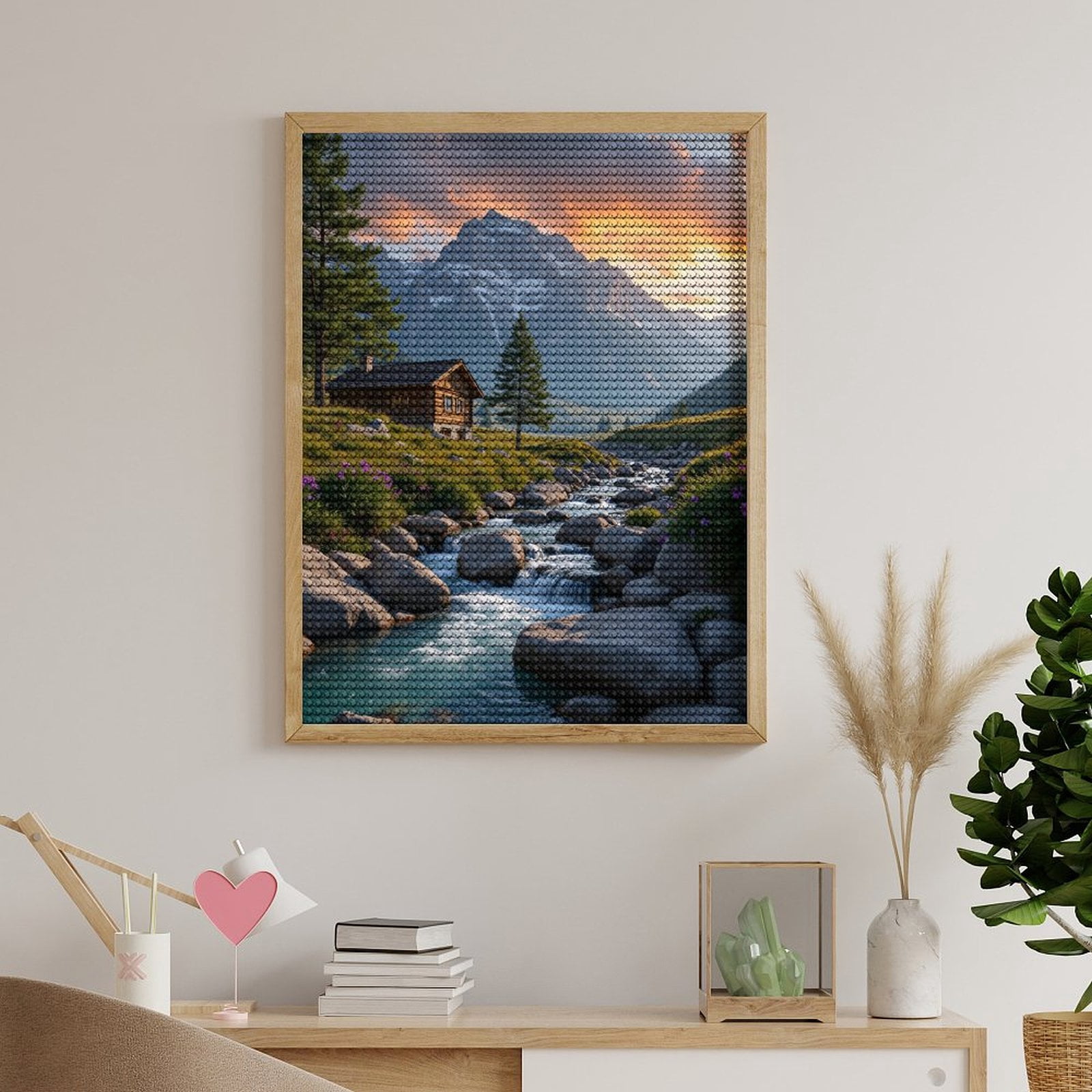 Diamond Art Kits for Adults, Mountain Cabin Stream Sunset Scene 5D Diamond Painting Kits for Adults Beginners, DIY Full Drill Diamond Painting, Gem Art and Crafts 12x16