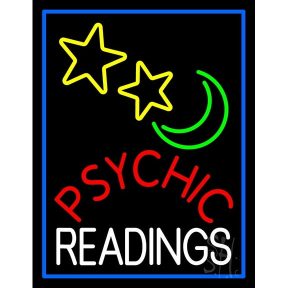 Red Psychic White Readings Blue Border LED Neon Sign 31" Tall x 24" Wide - inches Black Square Cut Acrylic Backing, with Dimmer - Bright and Premium built indoor LED Neon Sign for Storefront.
