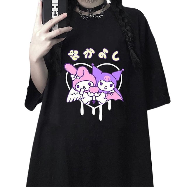 Kuromi & My Melody Printed T-shirts Womens Teens Tunic Short Sleeve Summer Casual Loose Fit Tee Harajuku Tops