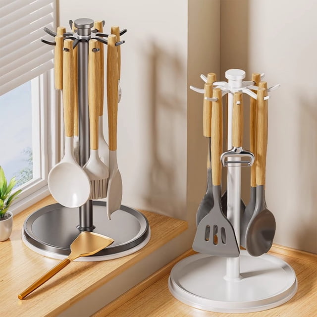 Espátula Giratoria de 360 Grados de Aluminio Space | Organizador de Utensilios de Cocina con Base y Bandeja para Agua | Soporte de Almacenamiento para Cucharas y Espátulas, Ideal para Encimera o Suel