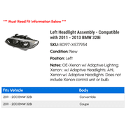 Left Headlight Assembly - Compatible with 2011 - 2013 BMW 328i 2012