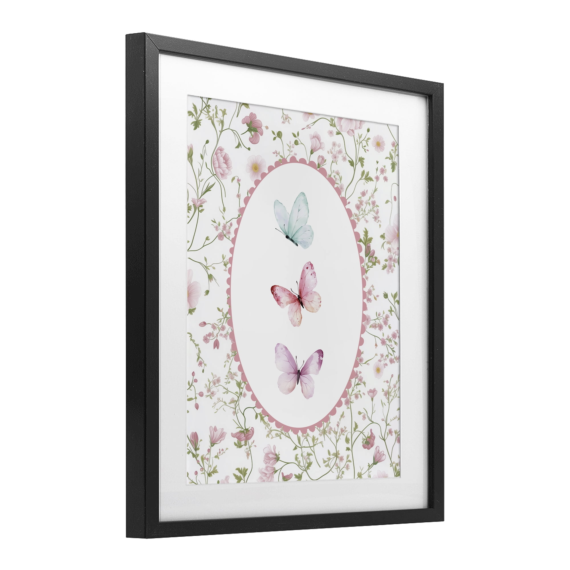 Delicate Florals & Butterfly Black Framed Print Under Glass, design by Christine Simpson Art