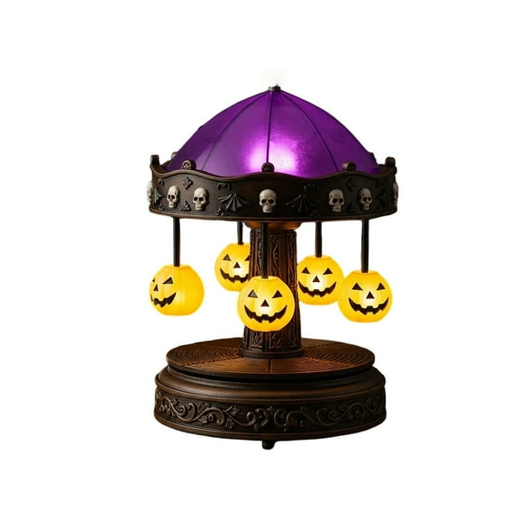 Halloween Carousel Table Lamp with Pumpkin Lanterns, Skull Accents, Purple Dome, Spooky Rotating Decoration for Party Home