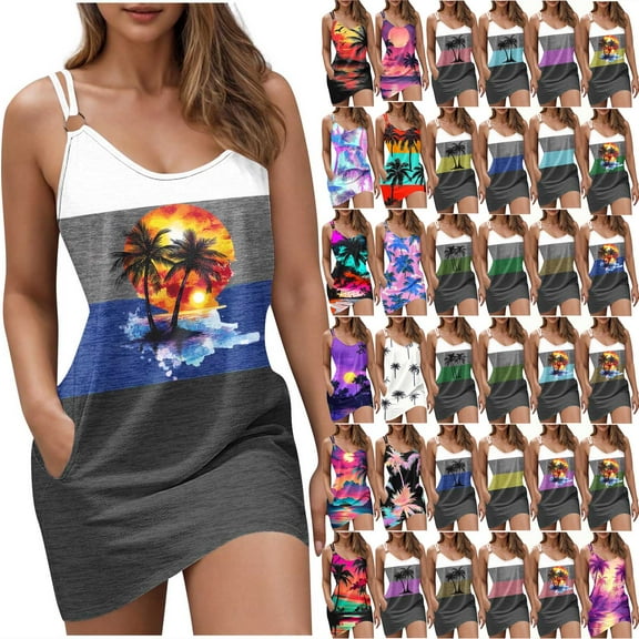 Horkkom Sundresses for Women Beach V Neck Summer Dresses Spaghetti Strap Waist Mini Dress with Pocket L