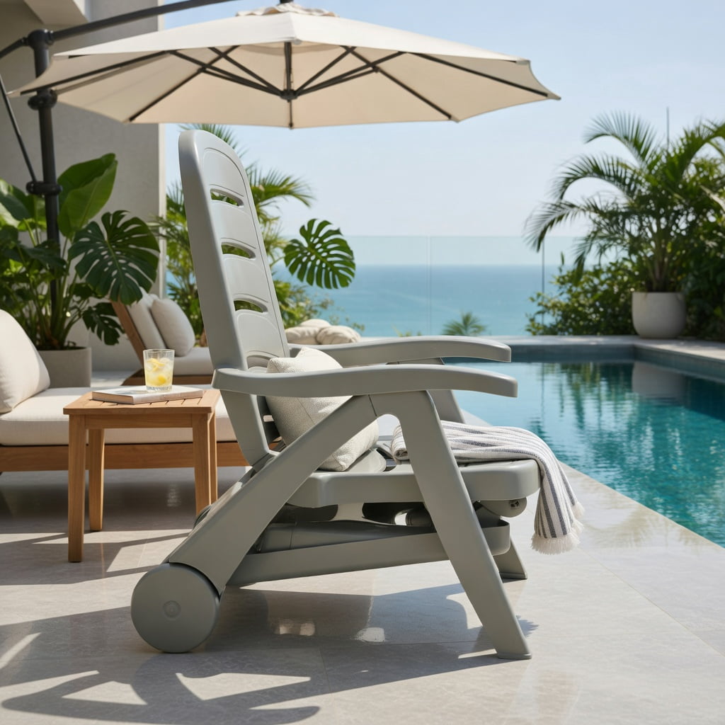 Hommoo 5-Position Adjustable Outdoor Folding Chaise Lounge Chair, Heavy-Duty PP Patio Lounger with Dual Wheels, Gray