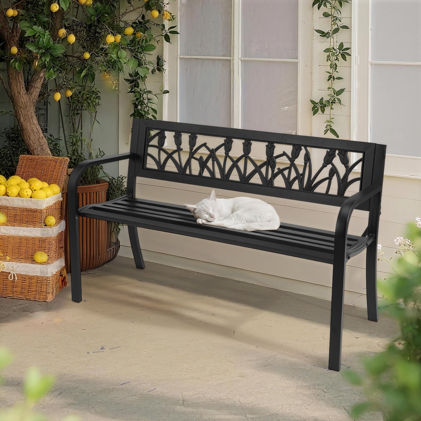 49in PVC Tulip Backrest Iron Bench, Black