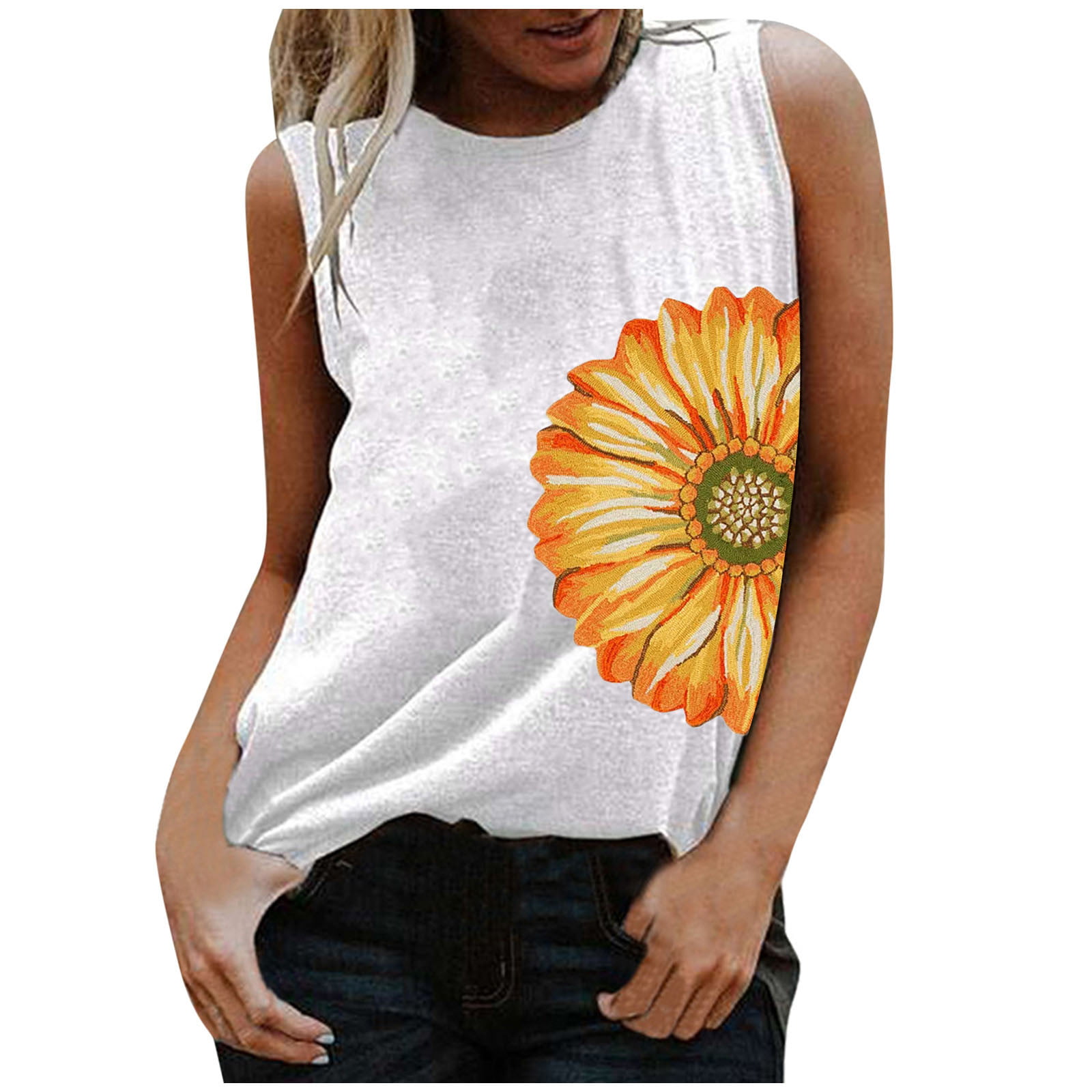 COOKI Womens Button V Neck Sunflower Print Tank Tops Casual Loose Sleeveless Blouses T-Shirt Tops Sunflower Shirts for Women 