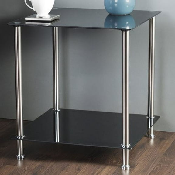 T52-A 2-Tier Side, End Table, Lamp Table, Black Glass and Chrome