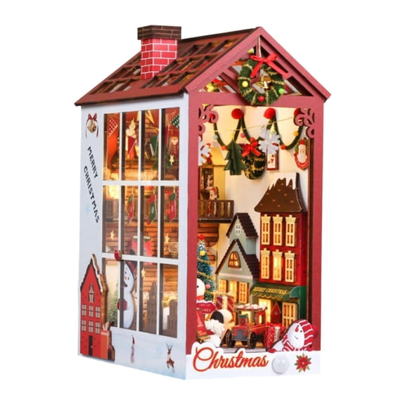 Almencla DIY Christmas 3D Wooden Book Stand Puzzle Bookshelf Inserts with Music Diorama Model Craft for Mantelpiece Decor Lightweight