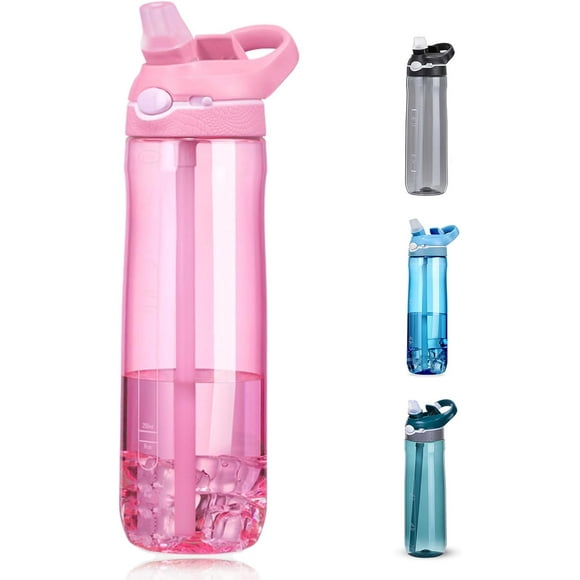 UTAH-24oz Water Bottles With Straw, 100% Leakproof BPA FREE Hidden Nozzle, Flip Up Lid Clear Water Bottle With Handle, Wide Bottle Easy Clear, Suit Office Gym Yoga Sports School Travel, Pink