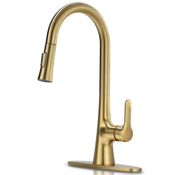 FROPO Brushed Gold Kitchen Faucet, Single Handle Gold Kitchen Sink Faucet with Pull Down Sprayer Modern Stainless Steel Brass Kitchen Faucet with Dec