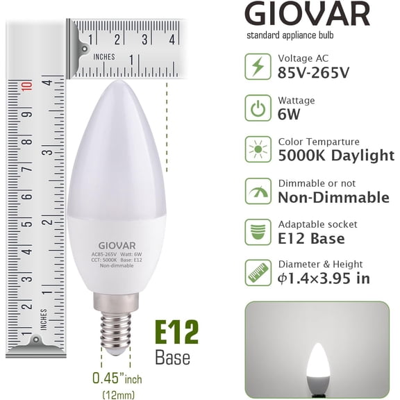 GHRTGR-4Pack LED Celing Fan Light Bulbs 60 Watt, Daylight 5000K, E12 Candelabra Bulb Base Socket, 120V, Type B, Non-Dimmable