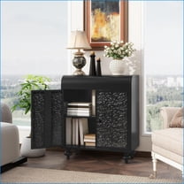 Sideboard Buffet Cabinet with 2 Doors, Distressed Black & Gold Embossed Storage for Entryway | Steel | Farmhouse