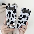 thumbnail image 5 of Warm Plush Folding Case for Samsung Galaxy Z Flip 4, Milk Cow Pattern Cute Protective Case with Back Beaded Chain Wrsit Strap Cold Weather Autumn Winter Slim Phone Cover for Women Girls,Black+White, 5 of 10