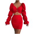 thumbnail image 1 of Conjuntos de blusa de manga larga y minivestido con cuello en V para mujer a la moda de 2 piezas Wmkox8yi  bvn772, 1 of 9