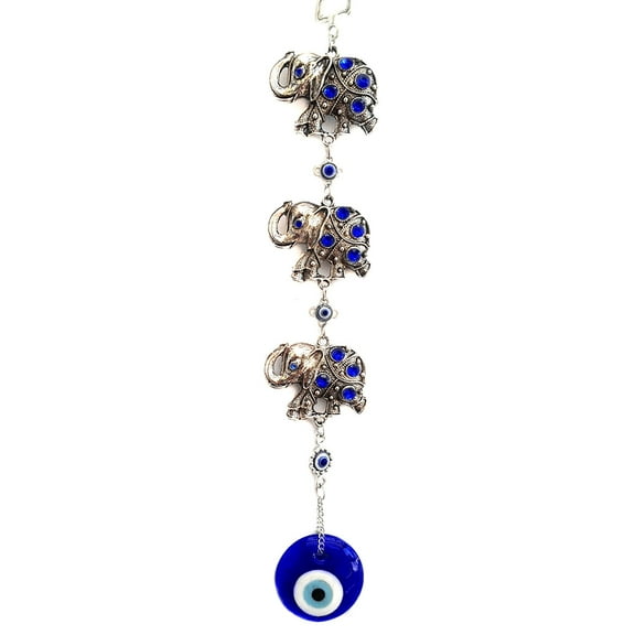 Turkish Blue Evil Eye Nazar with 3 Elephants Wall Decor Hanging Ornament for Protection