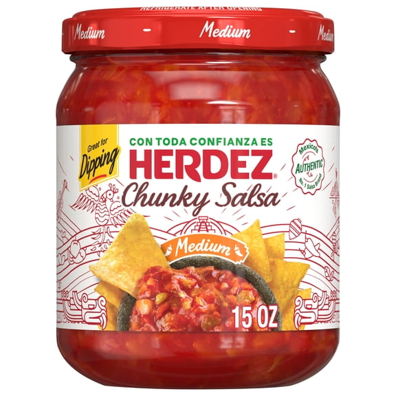 HERDEZ Chunky Salsa Medium, Tortilla Chip Dip, Shelf Stable, 15 oz Glass Jar