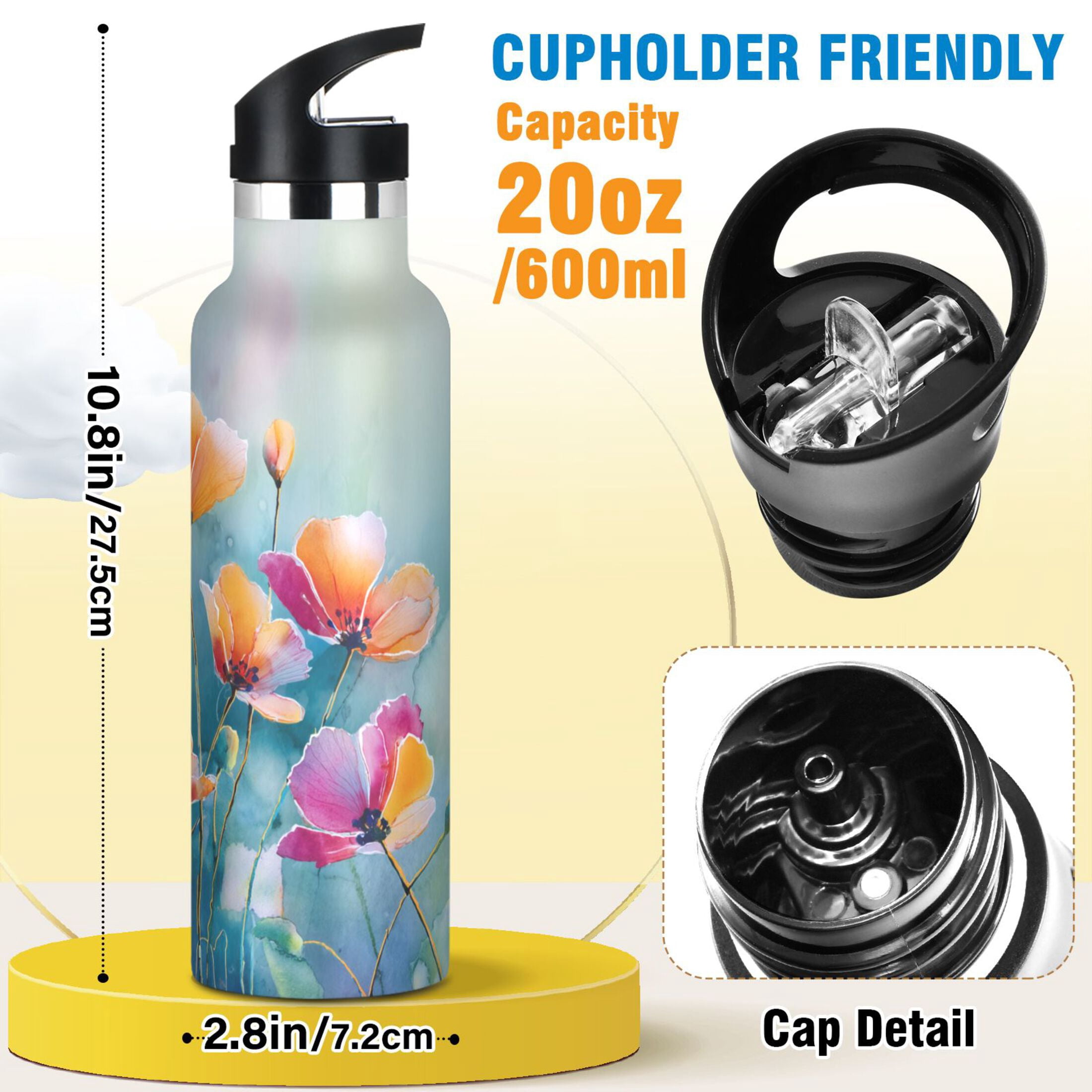 Kids Insulated Stainless Steel Sports Water Bottle 600ml (20oz) Watercolor Wildflowers Painting