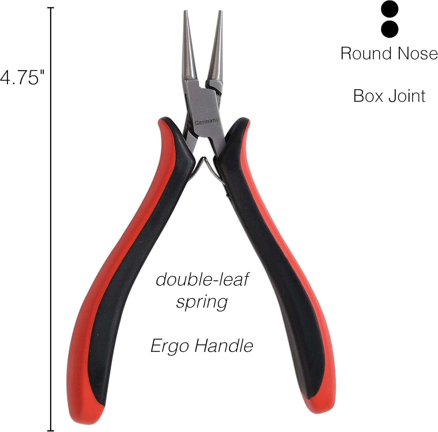 The Beadsmith Platinum Series German Round Nose Pliers, 4.75 inches (120mm) with Polished Steel Head, red and Black Ergonomic Comfort Grip Handle and Double-Leaf Spring, Tool for Jewelry Making