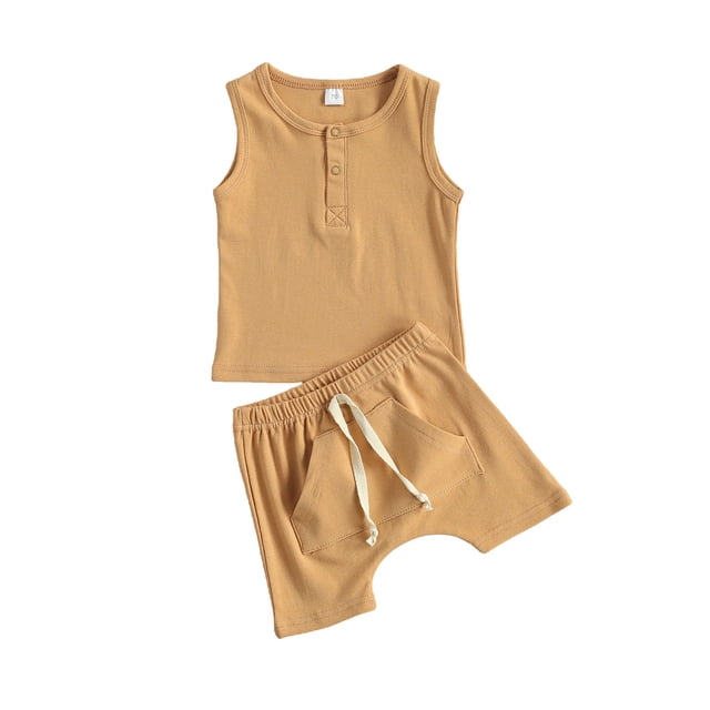 xiaxaixu Baby Tank + Shorts, Elastic Waist with Pockets, Button Decoration