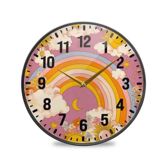 Yayeee Wall Clock Battery Operated 9.5" Silent Quartz Non-Ticking for Living Room Decor, Purple Retro Rainbow