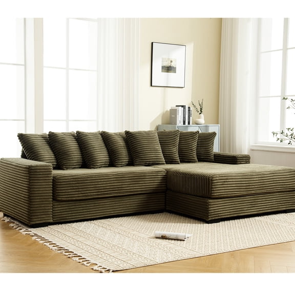 Luxury Corduroy L Shaped Sofa with Right Chaise and 8 Throw Pillows / Create a Comfortable Living Room