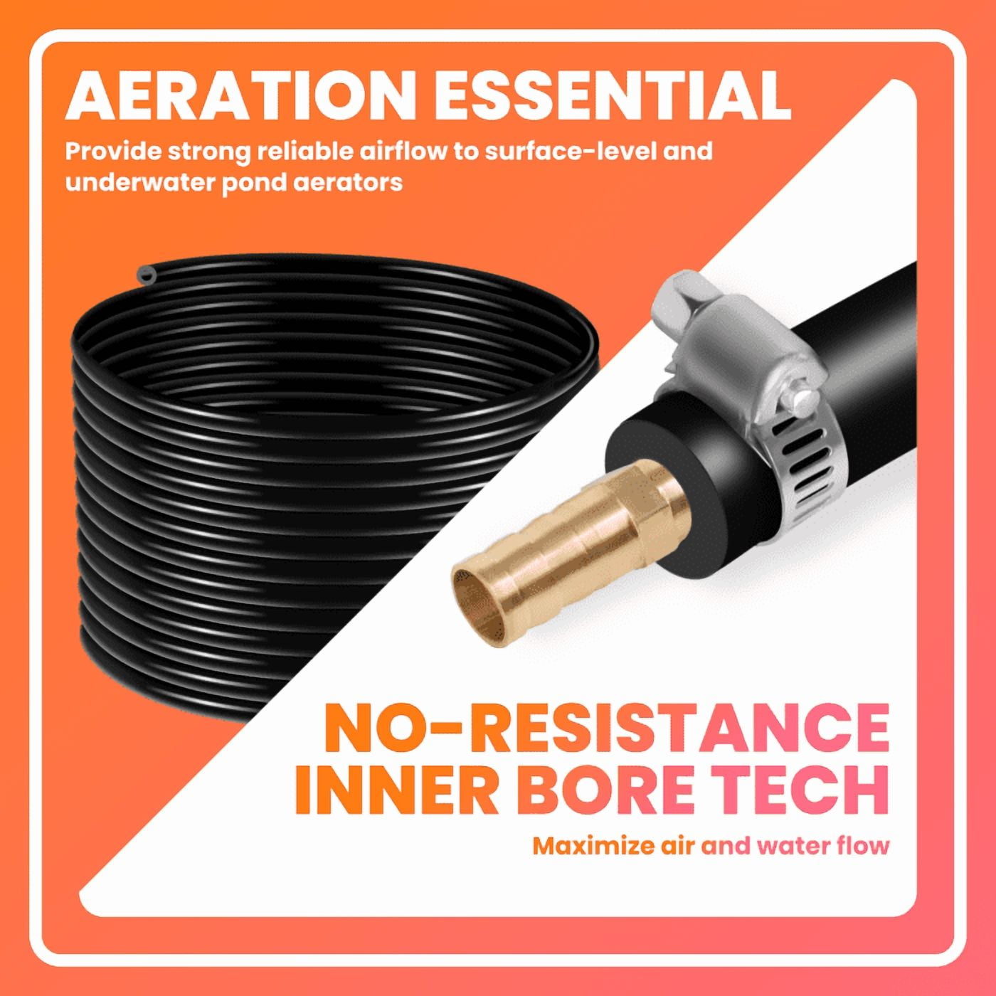 656-Foot 3/8" Self-Sinking Aeration Hose Set - Contains 4 Copper Menders & 4 Stainless Steel Clamps, Designed for Pond, Lake, Garden & Aquaculture Aeration
