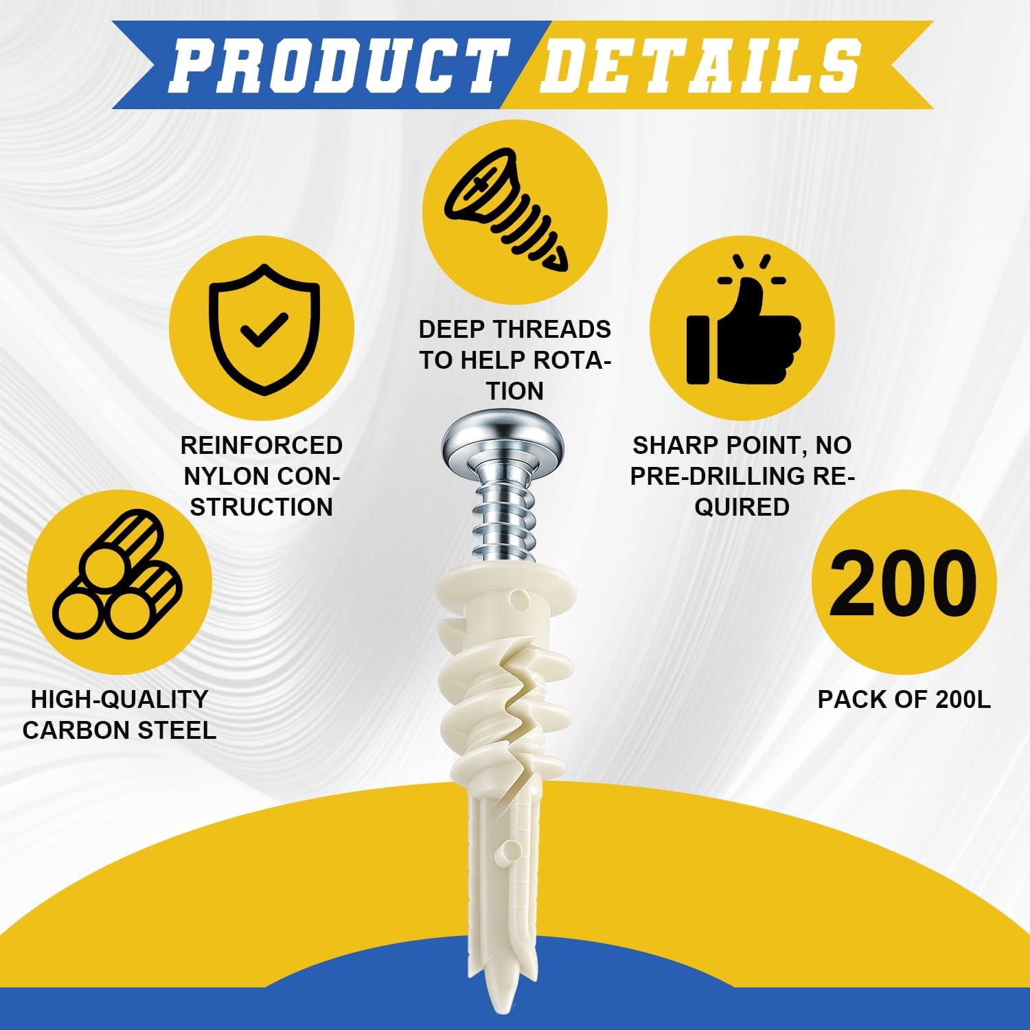 400 Pcs Self Drilling #8 Drywall Anchors Bulk and Screws Set Nylon Heavy Duty 75lb No Pre Drill Hole for Hanging Shelf Picture Decor with Storage Case(Regular Anchor Non Split)