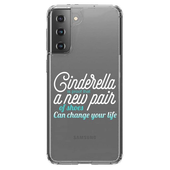 DistinctInk Clear Shockproof Hybrid Case for Galaxy S21  PLUS 5G (6.7" Screen) - TPU Bumper Acrylic Back Tempered Glass Screen Protector - Cinderella New Pair of Shoes Can Change Your Life