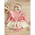 thumbnail image 2 of Bagilaanoe Newborn Baby Girl Rompers Dress Floral Print Long Sleeve Bodysuit + Headband 3M 6M 9M 12M 18M Infant Patchwork Ruffles One Piece Jumpsuit, 2 of 9