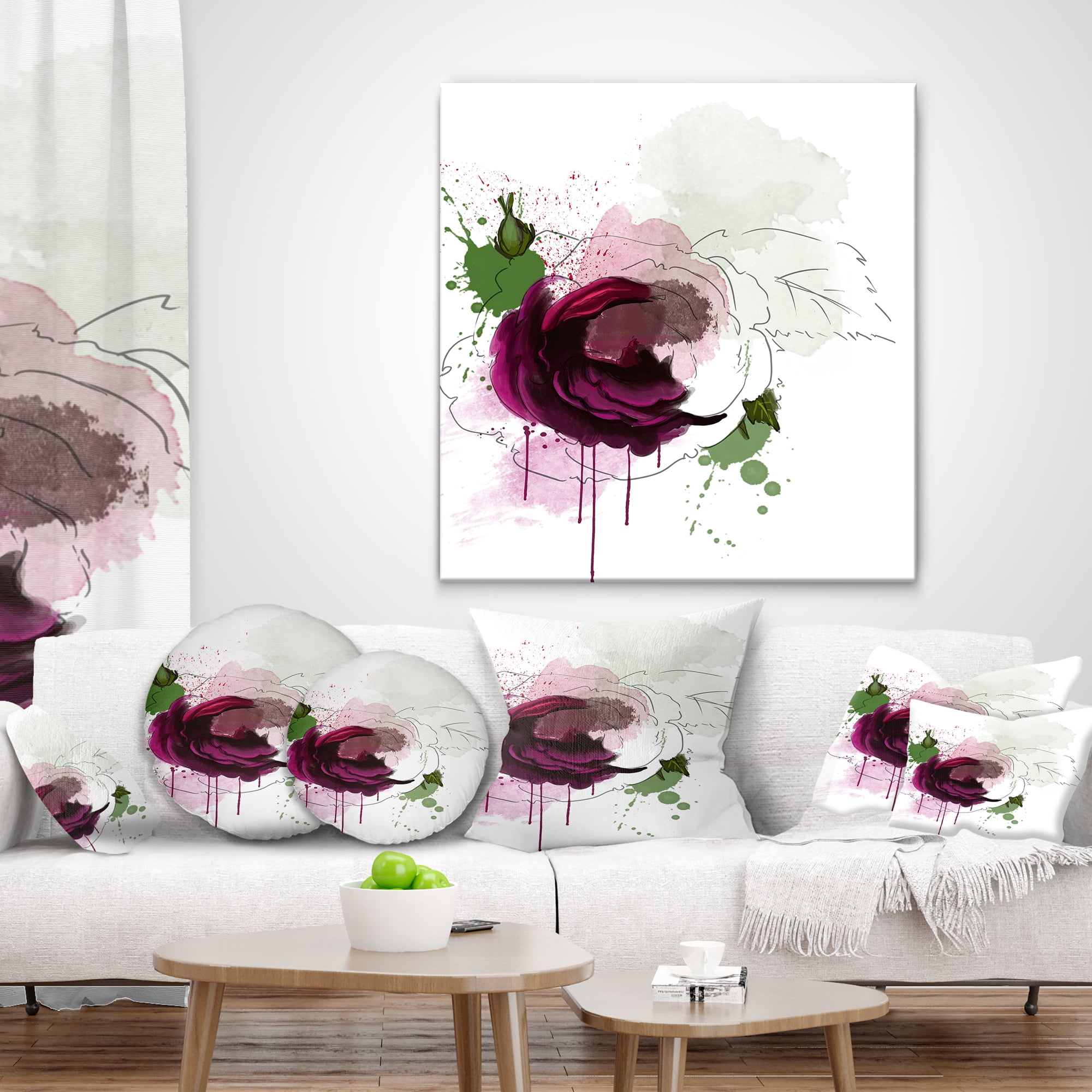 Designart Purple Rose Sketch Watercolor - Floral Throw Pillow - 16x16
