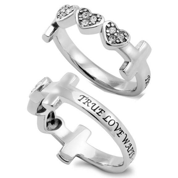 TRUE LOVE WAITS Three Heart Ring with Cross, Stainless Steel