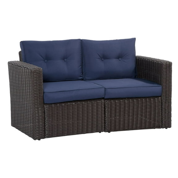 2-Piece Wicker Sofa Set Outdoor, Rattan Furniture with Cushions - Dark Blue, Space-Saving Patio Loveseat, Convertible Chairs
