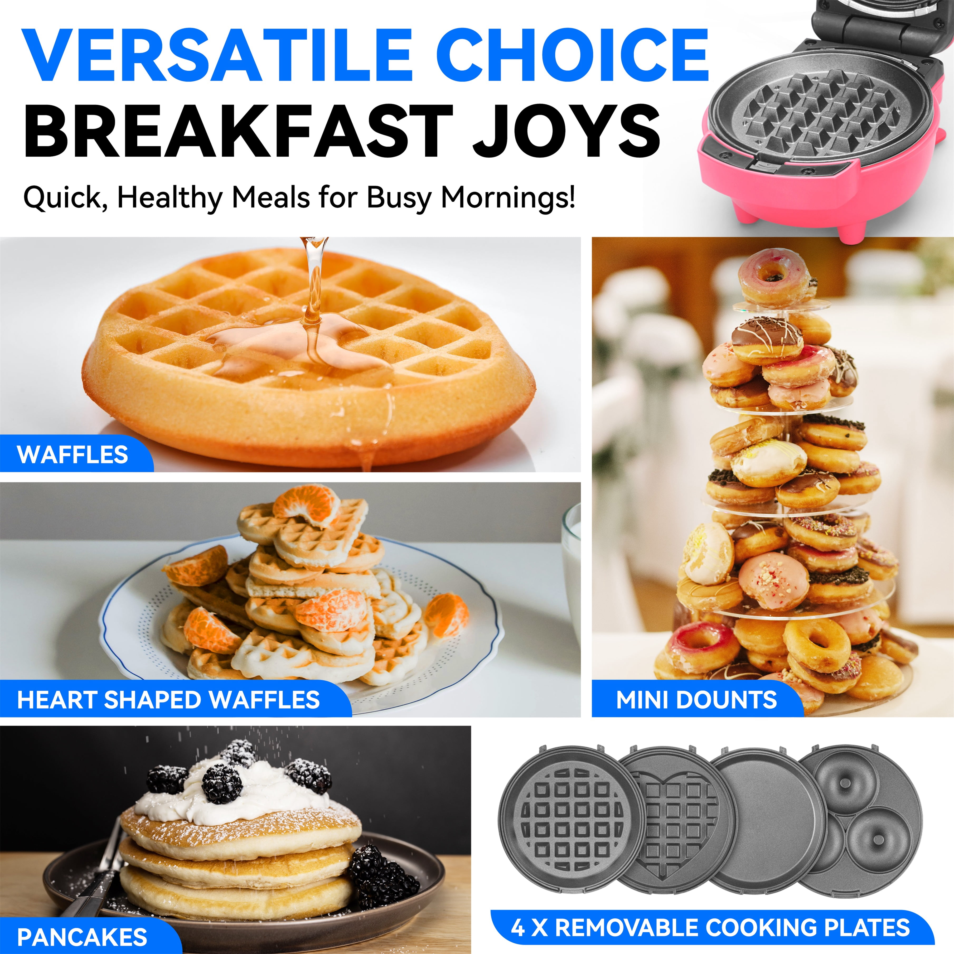 Mailand 4-in-1 Small Waffle Maker, Waffle Iron Mini with  Removable Plates(Pancake, Donuts, Heart Shape Waffle & Round Waffle), Red