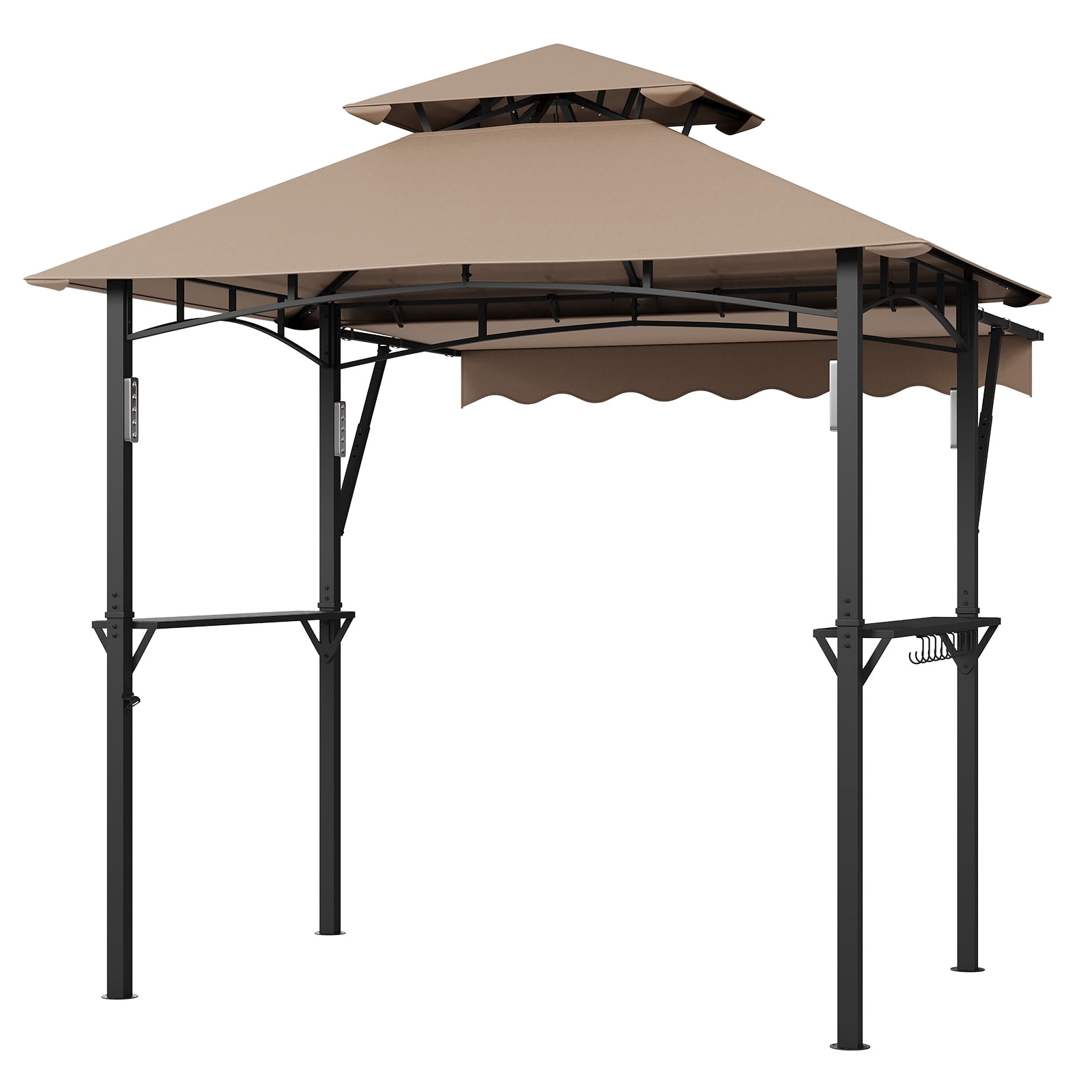 Heavy Duty Steel Grill Gazebo 8' x 5' – Double-Tier Roof, 7' x 3' Side Awning, LED Lights, Storage Shelves, Hooks – Outdoor BBQ Canopy Shelter for Patio