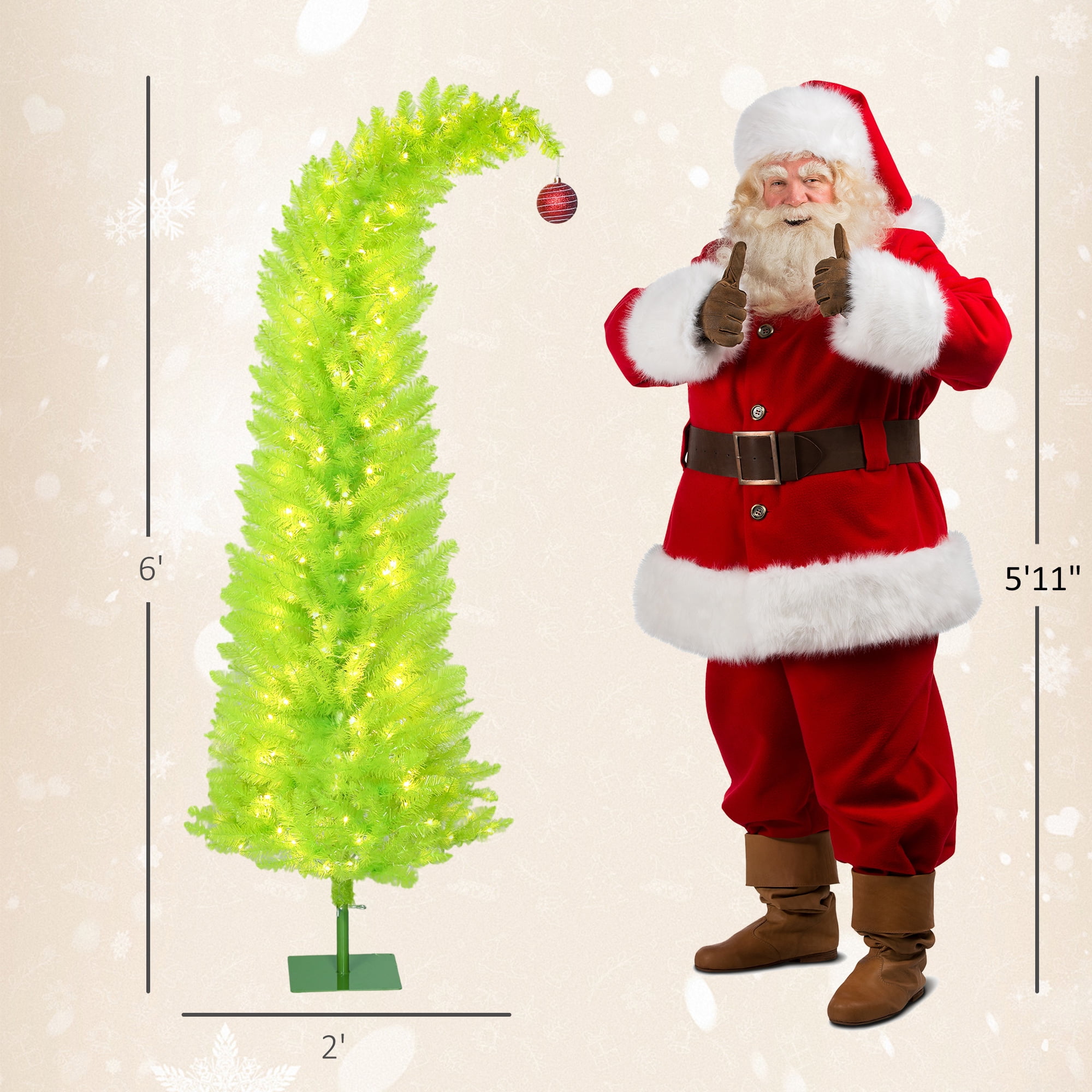 Astoutdoor 6 ft Whimsical Christmas Tree with 230 Warm White LEDs, 555 Tips, Slim Pencil Shape, Green