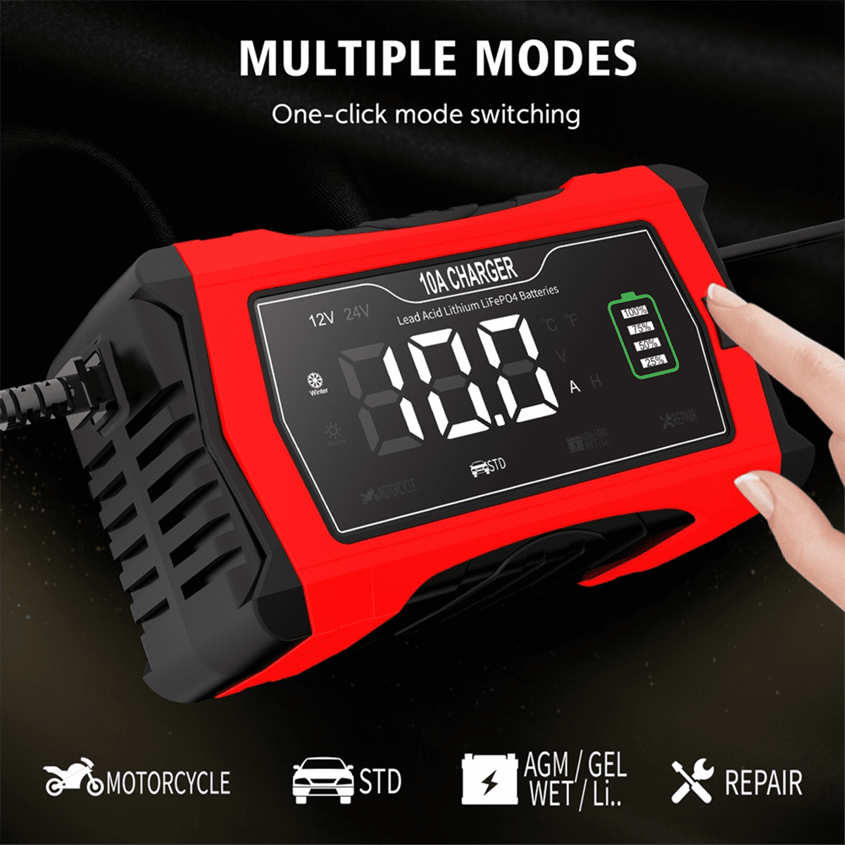 10A Automatic Charging for Lithium LiFePO4 GEL Lead-Acid Batteries 12V 24V Charger Car Battery Charger(US)