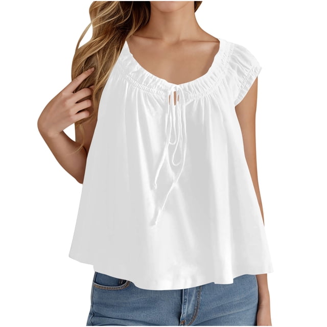 Lenpel Débardeurs pour Femmes Tendance Été Manches Courtes Col Rond Nœud devant T-Shirts Babydoll Décontractés Blouses Amples